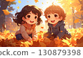 Anime style, children playing on fallen leaves, happy expressions 130879398