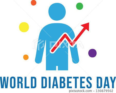 Colorful World Diabetes Day illustration with human figure, rising arrow symbolizing blood sugar, and vibrant circular accents promoting global health awareness. Colorful World Diabetes Day illustration with human figure, rising arrow symbolizing blood sugar, and vibrant circular accents promoting global health awareness. 130879502