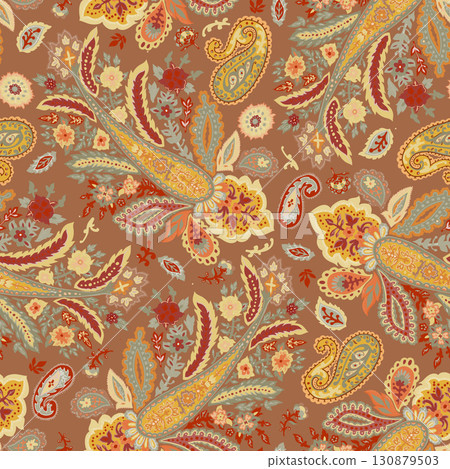 Brown Background Ornamental Paisley Pattern 130879503
