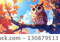 Cute cartoon owl perched on a tree with autumn leaves 130879513