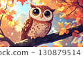 Cute cartoon owl perched on a tree with autumn leaves 130879514