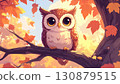 Cute cartoon owl perched on a tree with autumn leaves 130879515