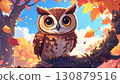 Cute cartoon owl perched on a tree with autumn leaves 130879516