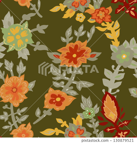 Olive Green Floral Seamless Pattern 130879521