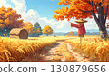 Pastel style, autumn country road with scarecrow and golden rice ears 130879656