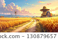 Pastel style, autumn country road with scarecrow and golden rice ears 130879657
