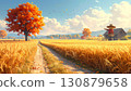 Pastel style, autumn country road with scarecrow and golden rice ears 130879658