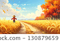 Pastel style, autumn country road with scarecrow and golden rice ears 130879659