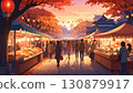 Anime-style autumn festival stalls, happy people and lights 130879917