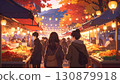Anime-style autumn festival stalls, happy people and lights 130879918
