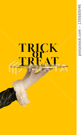 Minimalist artwork. Trick or Treat bold text on golden tray with gloved hand and yellow festive background 130880046