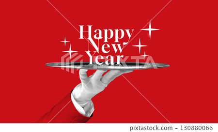 Collage of Happy New Year text on silver tray with festive sparkling stars and white glove hand 130880066