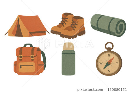 Vintage outdoor hiking set with tent, boots, backpack, thermos, compass. Isolated on transparent background Vintage outdoor hiking set with tent, boots, backpack, thermos, compass. Isolated on transparent background 130880151