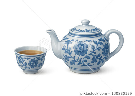 Mid autumn festival tea set with floral design on isolated transparent background 130880159