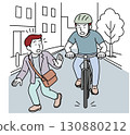 A scene where a bicycle and a pedestrian almost come into contact 130880212