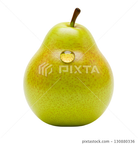 Ripe fresh pear with drops of water on a white background. The image is suitable for the concepts of healthy eating, fruits, vitamins, diets and fresh products. 130880336