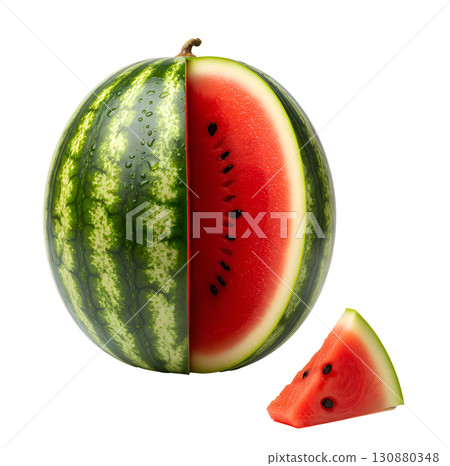 Fresh watermelon with a cut segment on a white background. The image is suitable for the concepts of healthy eating, summer fruits, freshness, diets and drinks. 130880348