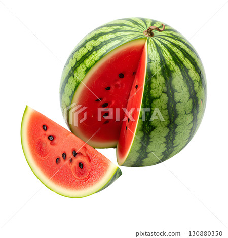 Fresh watermelon with a cut segment on a white background. The image is suitable for the concepts of healthy eating, summer fruits, freshness, diets and drinks. Fresh watermelon with a cut segment on a white background. The image is suitable for the concepts of healthy eating, summer fruits, freshness, diets and drinks. 130880350