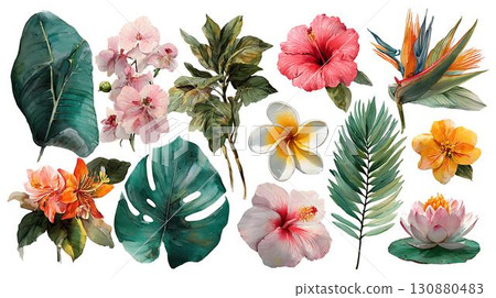 watercolor painting of leaf and flowers, seamless 130880483