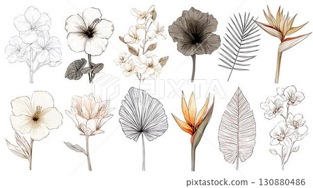 watercolor painting of leaf and flowers, seamless 130880486