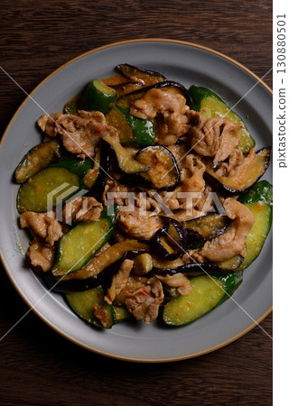 Spicy stir-fried pork, eggplant and cucumber with miso 130880501