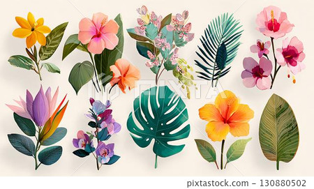 watercolor painting of leaf and flowers, seamless 130880502