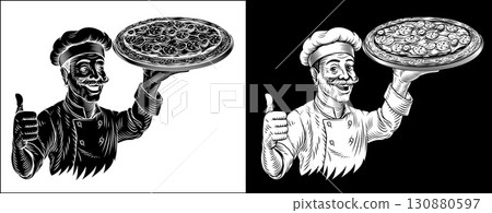Pizza Chef Vintage Style Pizzeria Illustration 130880597