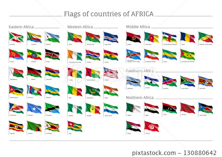Africa flags big set. Travel agency or classroom geography poster, political map information. Realistic vector illustration on white background Africa flags big set. Travel agency or classroom geography poster, political map information. Realistic vector illustration on white background 130880642