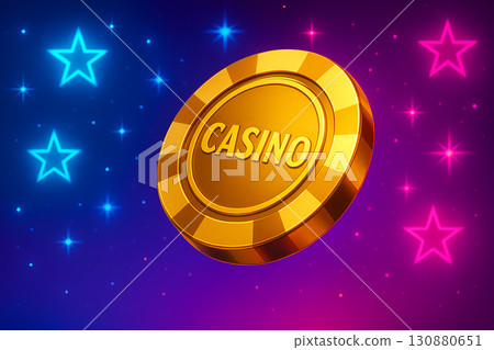 Golden casino chip with vibrant stars in the background creating a festive atmosphere Golden casino chip with vibrant stars in the background creating a festive atmosphere 130880651