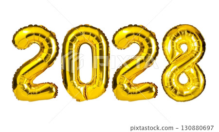 Golden Foil Balloons Forming the Year 2028 Isolated on White Studio Background. Festive Concept Golden Foil Balloons Forming the Year 2028 Isolated on White Studio Background. Festive Concept 130880697