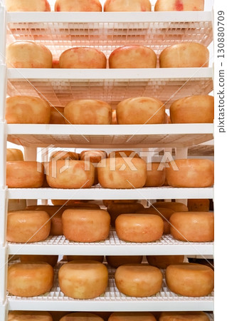 Delicious Cheese Wheels Aging on Shelves, Fresh Dairy Products in a Farm. Food Background. 130880709