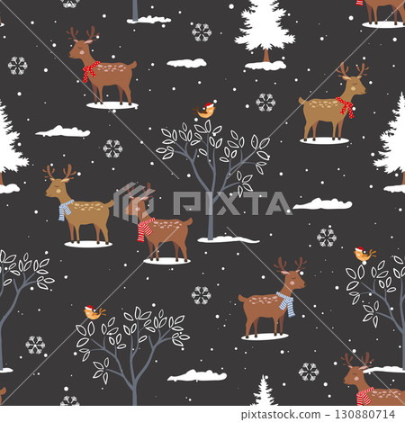 Winter holiday seamless pattern with cute cartoon deers family happy on winter forest,Perfect for fabric,textile,wallpaper and all print 130880714