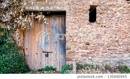 Old rustic wooden door on a stone wall with plants and dry leaves, representing vintage architecture and rural countryside construction. 130880945