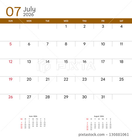 July 2026 Calendar. Week start on Sunday. Desk calendar 2026 design, simple and clean design, Wall calendar for print, digital calendar, Corporate design planner template vector. 130881061