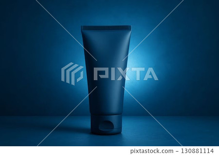 Dark blue cosmetic tube mock up on a smooth surface with soft glowing background light 130881114