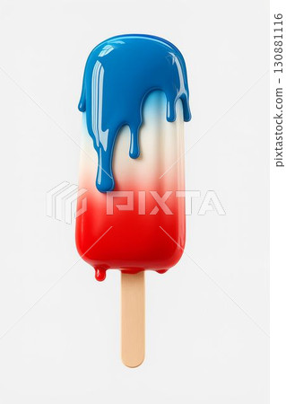 Colorful popsicle with melting blue and red layers on a wooden stick against a white background Colorful popsicle with melting blue and red layers on a wooden stick against a white background 130881116