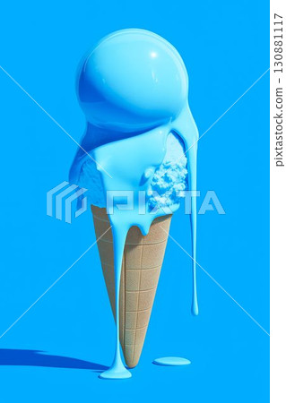 Blue ice cream cone melting against vibrant blue background with playful summer vibes 130881117