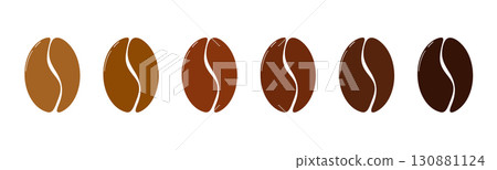 Coffee bean intensity roast level color, strength light medium or dark scale. Set minimal indicator, coffee beans frying. Different brew. 130881124