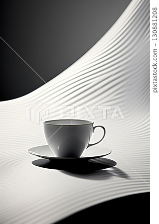 stylish white cup of tea or coffee with steam on black background, swirl and wave pattern 130881208