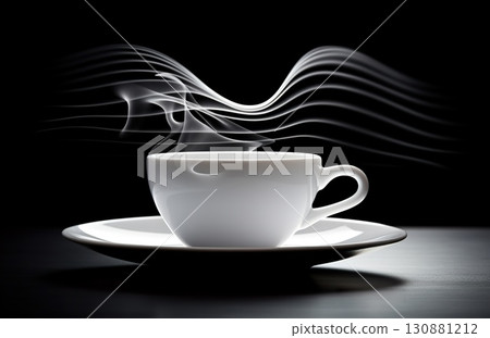 stylish white cup of tea or coffee with steam on black background, swirl and wave pattern 130881212
