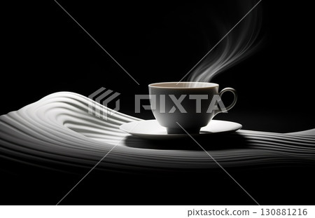 stylish white cup of tea or coffee with steam on black background, swirl and wave pattern 130881216