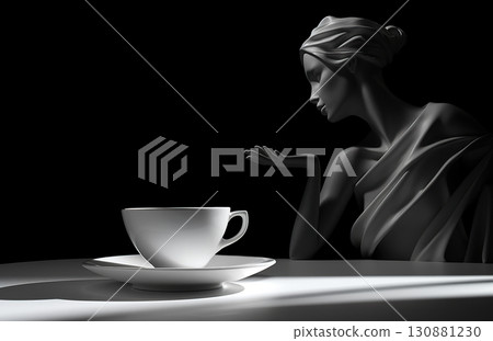 black and white studio shot of woman lying and drinking coffee, stylish striped dark shot with shadows, female drink espresso 130881230