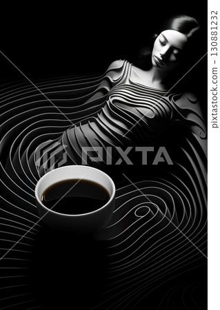 black and white studio shot of woman lying and drinking coffee, stylish striped dark shot with shadows, female drink espresso 130881232