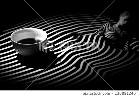 black and white studio shot of woman lying and drinking coffee, stylish striped dark shot with shadows, female drink espresso 130881240