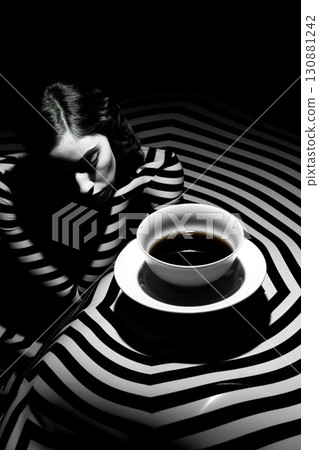 black and white studio shot of woman lying and drinking coffee, stylish striped dark shot with shadows, female drink espresso 130881242