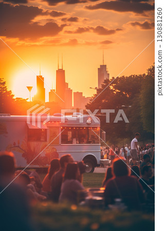 food truck at street festival in park at sunset, crown of people eating at fest in evening food truck at street festival in park at sunset, crown of people eating at fest in evening 130881260