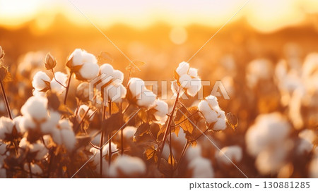 agricultural field with cotton flowers at sunset, plantation of natural cultivated wool, textile agricultural field with cotton flowers at sunset, plantation of natural cultivated wool, textile 130881285