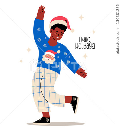Christmas Happy Ethnic Man in Hat in Xmas Sweater with Santa. New Year Joyful Male Character. Vector Illustration. Not AI Christmas Happy Ethnic Man in Hat in Xmas Sweater with Santa. New Year Joyful Male Character. Vector Illustration. Not AI 130881286