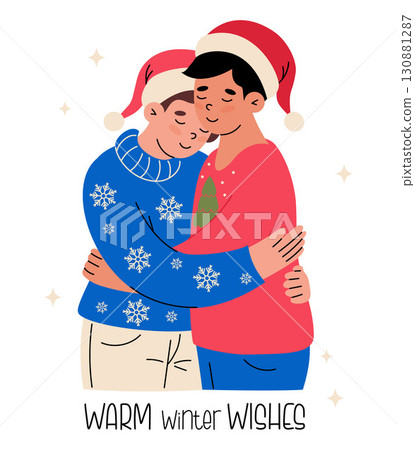 Christmas Two person hugging in Christmas sweaters and Santa Hats. Warm New Year Gentle Couple Characters. Vector Illustration. Not AI Christmas Two person hugging in Christmas sweaters and Santa Hats. Warm New Year Gentle Couple Characters. Vector Illustration. Not AI 130881287