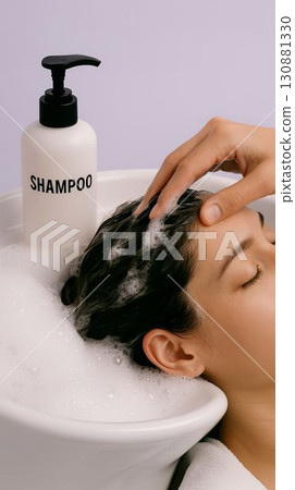 Young woman enjoying a relaxing shampoo treatment in a spa-like environment with bubbles 130881330